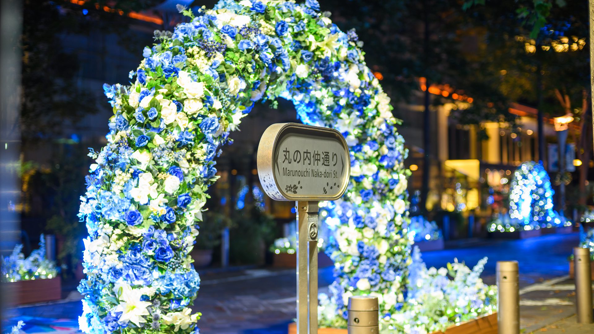 花の回廊 夜のライトアップと丸の内仲通りの標識